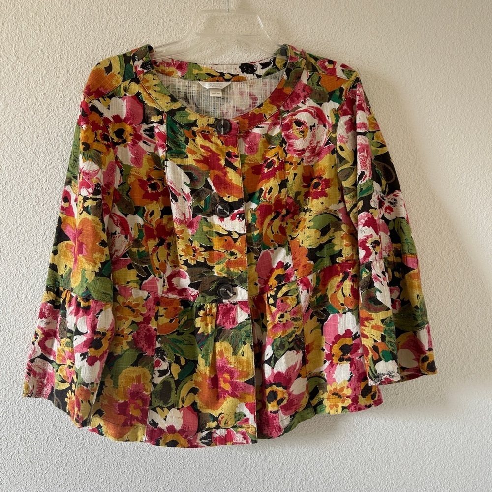 Christopher & Banks Cotton Floral Artsy Button Up Cardigan Peplum Women’s Large